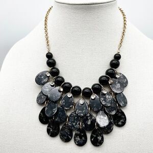 Black Marbled Acrylic Teardrop Rhinestone Bubble Bib Statement Necklace 18”